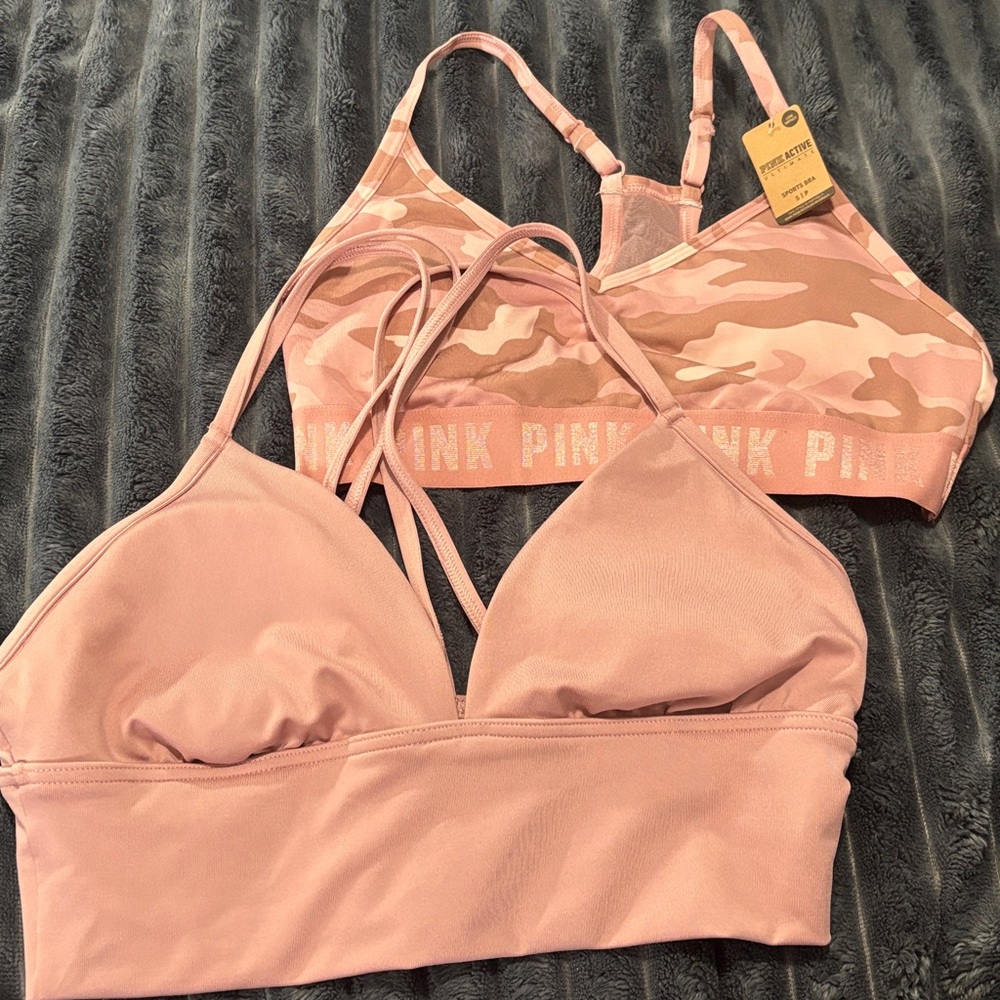 Bundle of 2 Pink Sports Bras Camo one size small ntw solid Pink size medium